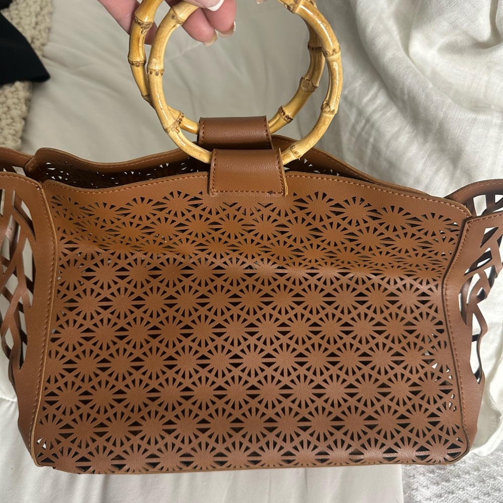 Brown Laser-Cut Tote Bag with Bamboo Handles